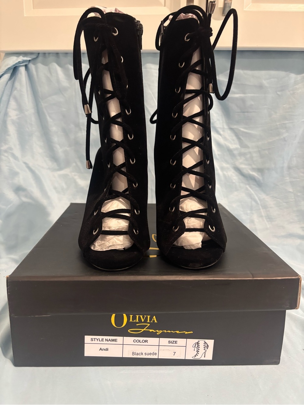 Olivia Jaymes Andi Black Suede Lace-Up Peep Toe Heels